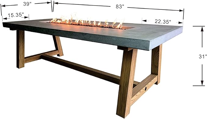 Elementi | Bundle Sonoma Gas Fire Pit Cast Concrete Rectangular Dining Fire Table, Outdoor Fire Pit Electronic Ignition | Canvas Cover, Lava Rock Included | Propane Gas