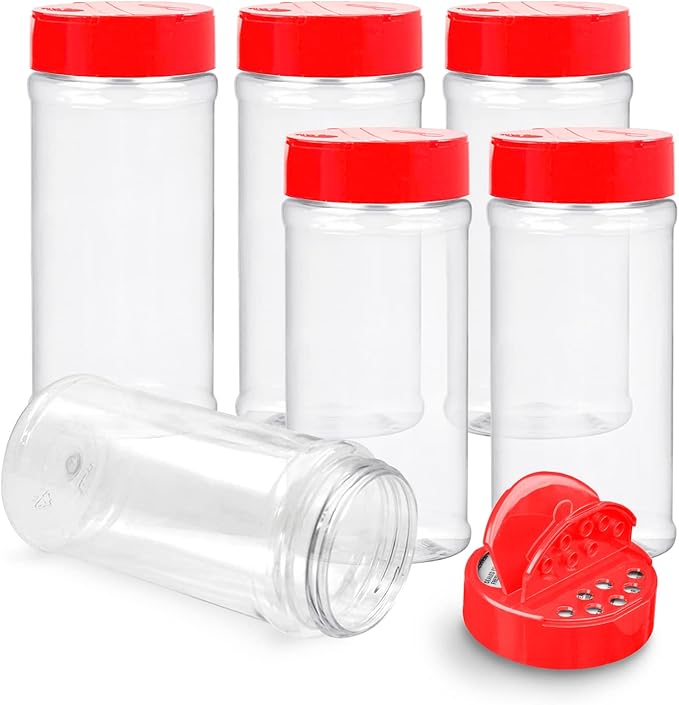 RoyalHouse 6 Pack 16 Oz Plastic Spice Jars with Red Cap, Clear and Safe Plastic Bottle Containers with Shaker Lids for Storing Spice, Herbs and Seasoning Powders, BPA Free, Made in USA