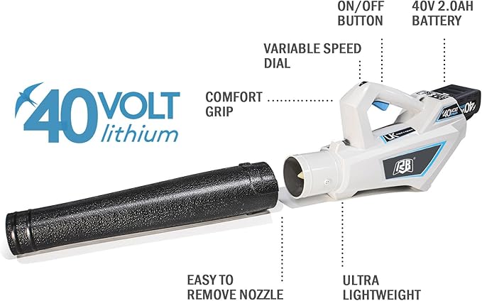 RB 40V Cordless Leaf Blower with 2Ah Battery & Charger – 6-Speed Turbo, 460 CFM, Lightweight for Leaves, Snow, Lawn & Patio