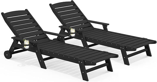 SERWALL Patio Chaise Lounge Chair Set of 2, 78'' Long 5-Positions Adjustable HDPE Outdoor Lounge Chair for Pool, Poly Lounge Chair with Rolling Wheels & Cup Holder for Poolside, Deck, Obsidian Black