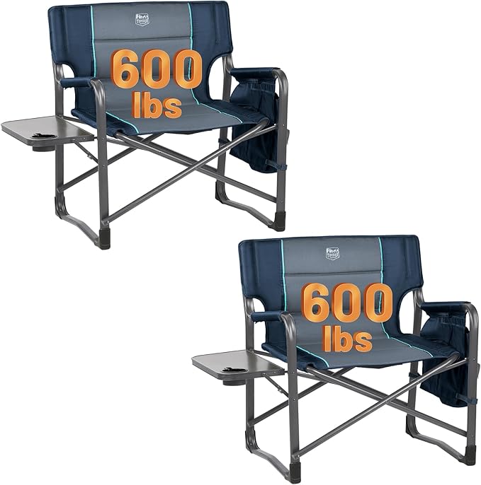 TIMBER RIDGE XXL Upgraded Oversized Directors Chairs with Foldable Side Table, Detachable Side Pocket, Heavy Duty Folding Camping Chair up to 600 Lbs Weight Capacity (Blue) Ideal Gift, 2 Pack