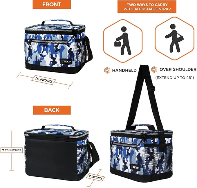 opux Insulated Lunch Box Men Women, Lunch Bag for Work School, Leakproof Soft Cooler Tote Adult, Large Lunch Pail Kids Boys Girls, Picnic Beach Food Bag with Shoulder Strap, Camo Blue