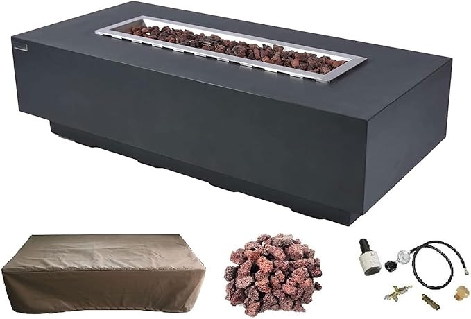 Elementi | Granville Gas Fire Pit Cast Concrete 60" Rectangular Fire Table, Outdoor Fire Pit Electronic Ignition | Canvas Cover, Lava Rock Included | Dark Gray (Propane Gas)