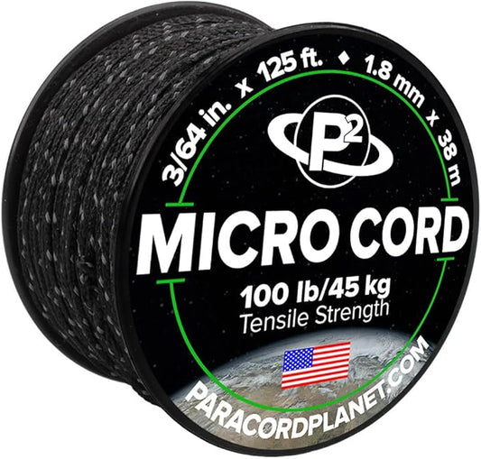 Paracord Planet Micro Paracord – Thin Braided Cord for Crafting, Fishing, and DIY Projects in 125 ft Spools – Reflective Black