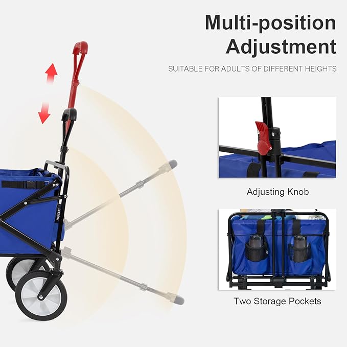 Garden Cart Folding Wagon Garden Cart Collapsible Wagon with Adjustable Handle &360°Universal Wheels for Garden Camping Shopping Beach (Blue)