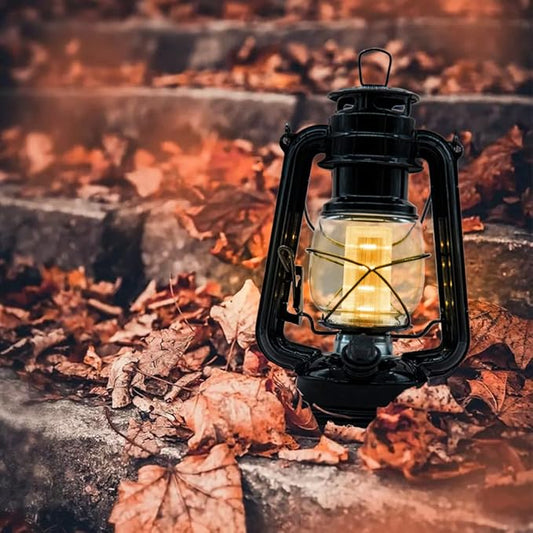 YAKii LED Vintage Lantern Metal Hanging Hurricane 12 LED Dimmer Switch Warm White Battery Operated Power Outage Indoor Camping Lighting Outdoor Brooklyn Decoration(Black)