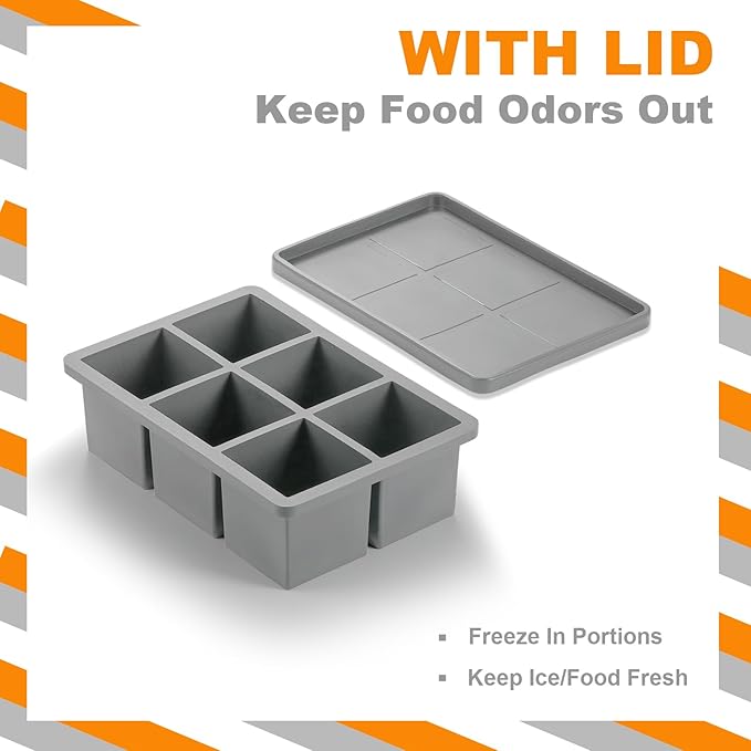 Nax Caki Silicone Large Ice Cube Trays with Lid Pack of 4, Stackable Big Square Ice Cube freezer Molds for Whiskey Cocktails Bourbon Soups Frozen Treats