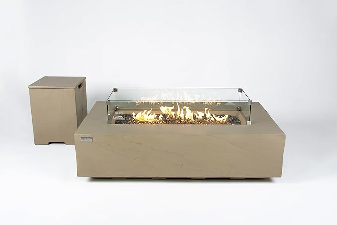 Elementi+ | Bundle Colorado Gas Fire Pit Cast Concrete 56" Rectangular Fire Table | Electronic Ignition | Canvas Cover, Fire Glass and Burner Lid Included | Sunlight Yellow | Propane Gas