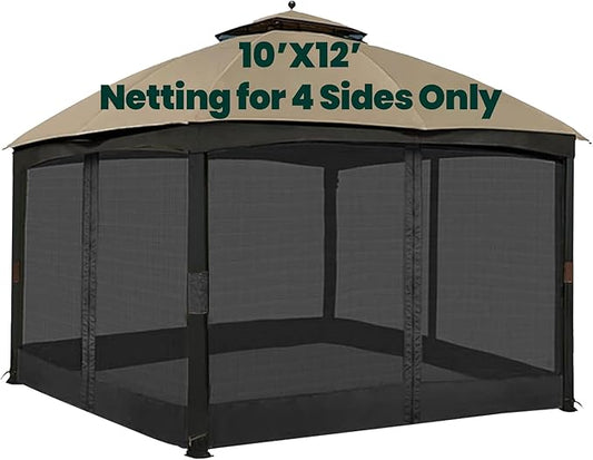 Gazebo Universal Replacement Mosquito Netting, 10' x 12' Outdoor Canopy Net Screen 4-Panel Sidewall Curtain, with Zippers, Easy to Install, Fit for Most Gazebo 10x12 Canopy, Black
