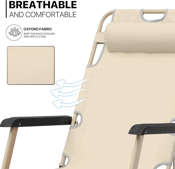 MoNiBloom Set of 2 Folding Reclining Patio Chairs, 3-Position Patio Lounger Folding Chairs with Footrest for Backyard Poolside Lawn, Cream, 330lbs Capacity