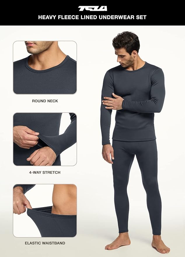 TSLA Men's Thermal Underwear Set, Microfiber Soft Fleece Lined Long Johns, Winter Warm Base Layer Top & Bottom