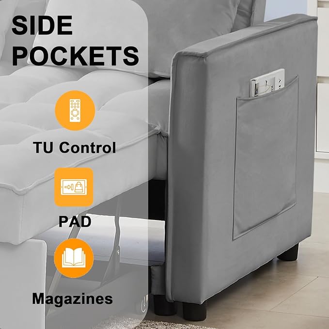 53.14" Velvet Convertible Sleeper Sofa Bed with Adjustable Backrest & Side Pocket, Pull-Out Loveseat Futon Couch for Small Spaces, Solid Wood Frame, Easy Assembly, 3-in-1 Sofa Bed for Living Room