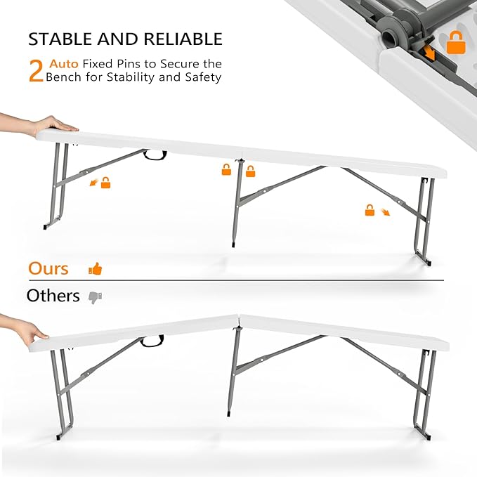 VINGLI 6 feet Plastic Folding Bench,Portable in/Outdoor Picnic Party Camping Dining Seat, Garden Soccer Multipurpose Entertaining Activities, Smooth HDPE Tabletop, 1 Pack, White
