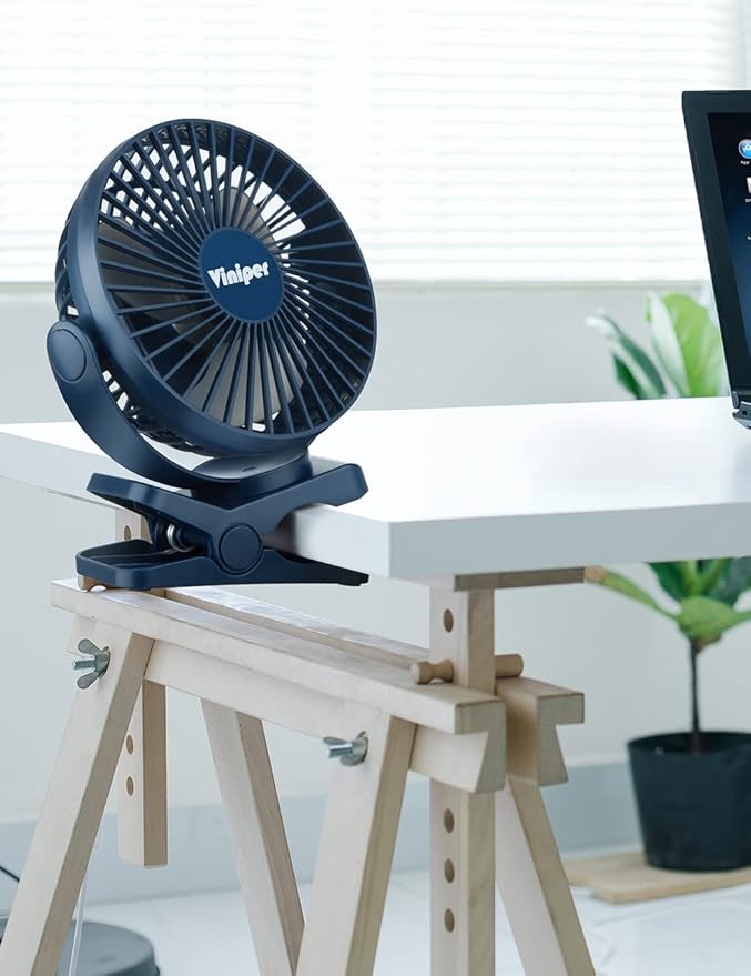 Viniper 6 inch Rechargeable Clip on Fan, 5000mah Battery Desk Fan : 360° Rotation & 3 Speeds Strong Wind Portable Fan, 8-30 Working Hours, Quiet and Powerful (Blue)