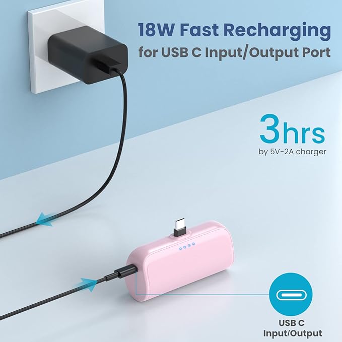 Mini Portable Charger for iPhone 16/15 Series,5200mAh 3A PD USB C Fast Charging Power Bank, Ultra-Compact Cell Phone Battery Pack for iPhone 16/16Plus/15Pro Max,Samsung,Android,Moto,LG,iPad-Rose Pink