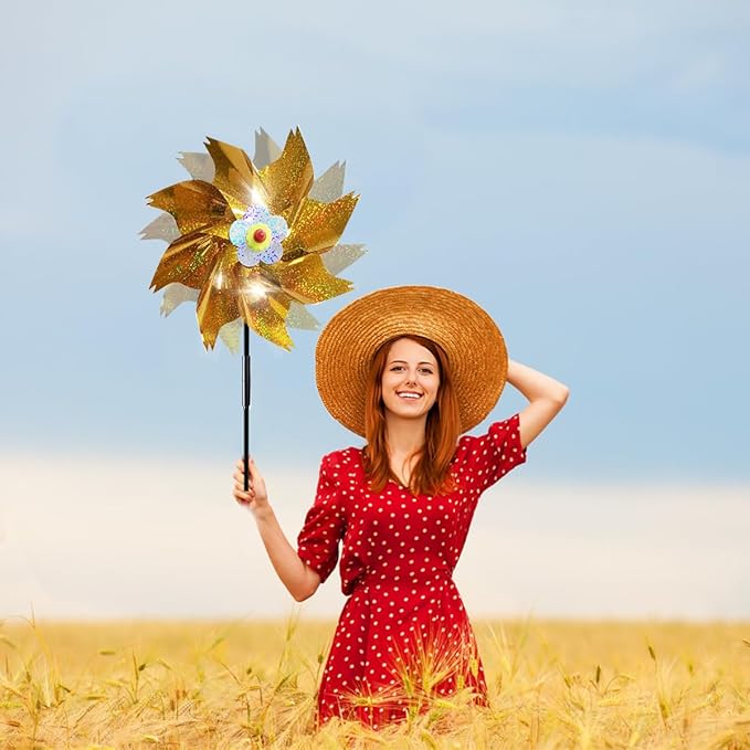 Sparkly Reflective Pinwheels with Stakes, Wind Spinners Outdoor Bird Scare Devices, Foil Pin Wheel Holographic Whirl Windmill for Yard Garden Decor Garden Wind Spinner 6 Packs - Gold