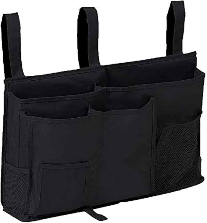 Bedside Storage Caddy, Hanging Storage Organizer Bag with 8 Pockets for Bunk Dorm Rooms, Hospital Bed Rails, Baby Bed, Camp (Black)