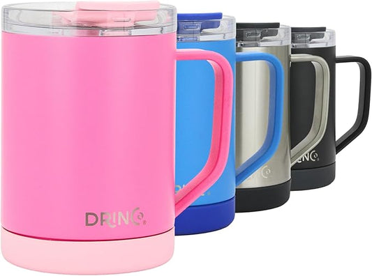 Drinco 16 oz Coffee Mug, Vacuum Insulated Camping Mug with Lid, Double Wall Stainless Steel Travel Mug Insulated Tumblers Coffee Mugs Coffee Cups Tea Cup (16oz Island Pink)
