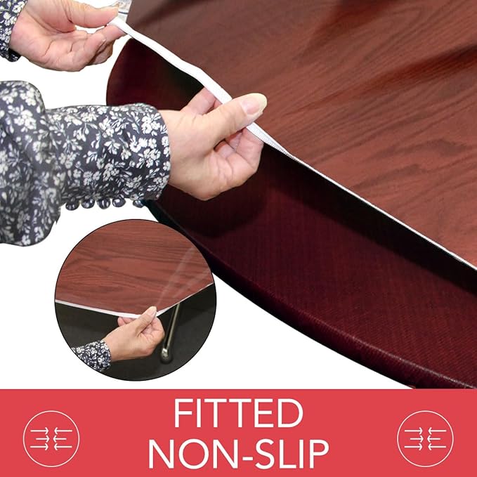 Violet Linen Woodgrain Elastic Round Table Cover, Small, Mahogany Wood