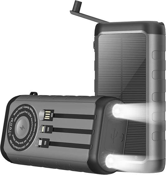 Solar Charger, 59800mAh Portable Power Bank for All Phones, Outdoor Waterproof Battery Pack Built in Hand Crank, 15W Wireless Charger 6 Outputs & 3 Inputs/LED Flashlights, Perfect for Camping Travel