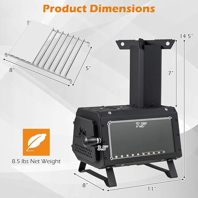 Camping Wood Stove, Portable Wood Burning Stove wtih X-shaped Pot Holder, Glass-Ceramic Window & Carbon Bridge, Tabletop Fire Pit Stove for Outdoor Cooking, Heating, Hunting & Ice Fishing
