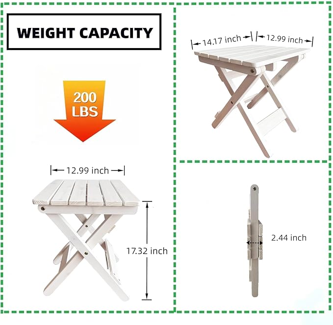 Outdoor Side Table, No Assembly Folding Wooden End Table for Outside or Indoor, Small Patio Tables for Camping, Pool, Bathroom, Backyard and Porch (White)