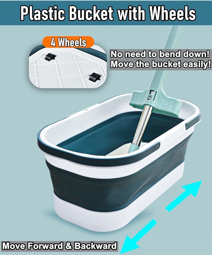 Collapsible Mop Wash Basin Bucket with Handle and Wheels, 12L (3.2 Gallon) Portable Plastic Basket Crate Tub for Storage Organization, Foldable Water Bin Container for Cleaning, Car Washing, Blue