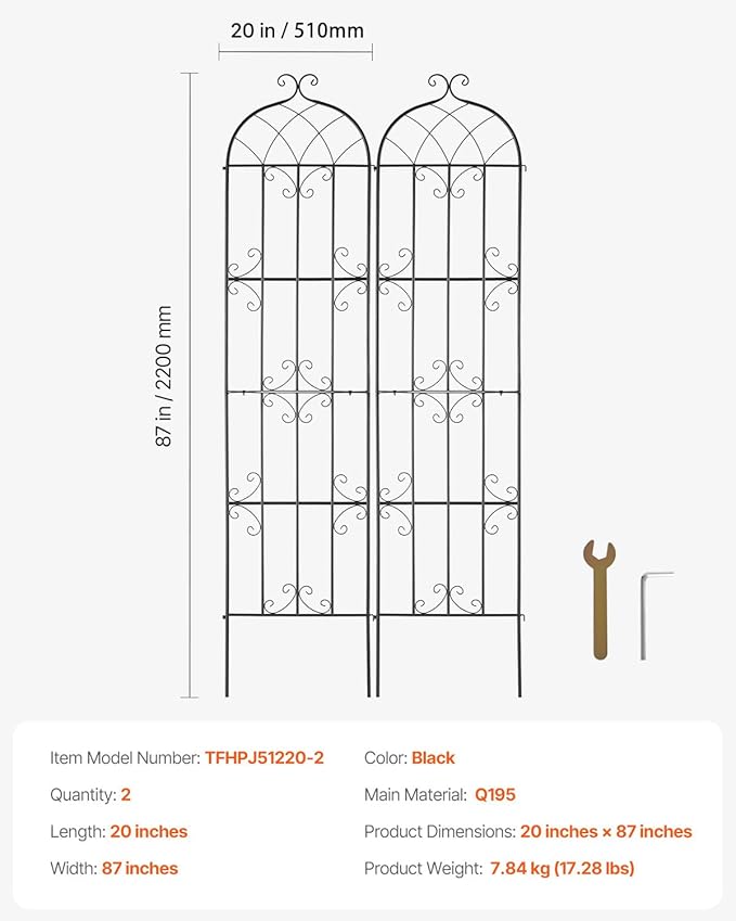 VEVOR Garden Trellis for Climbing Plants, 87 x 20 in, 2 Packs Rustproof Metal Garden Flower Trellis, Outdoor Climbing Rose Trellis Cucumbers Support, Decorative Clematis Trellis for Courtyards Lawns