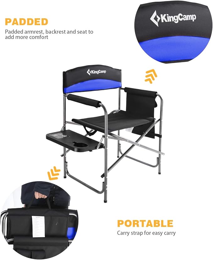 KingCamp Heavy Duty Camping Director Chair, Folding with Side Table & Storage, Blue