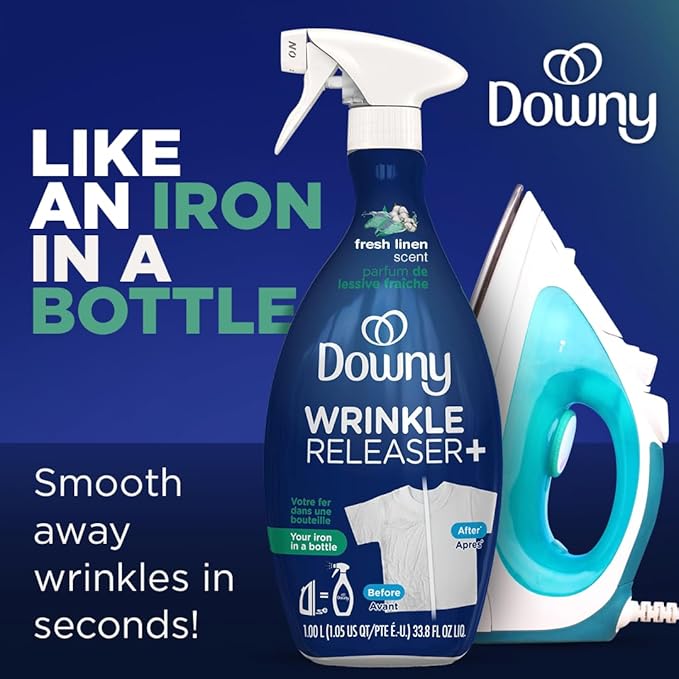 Downy Wrinkle Releaser Spray All In One Wrinkle Release Spray Travel Size, Odor Eliminator, Static Remover Fabric Refresher & Ironing Aid for Clothes 3 Fl Oz (Pack of 2), Crisp Linen Scent