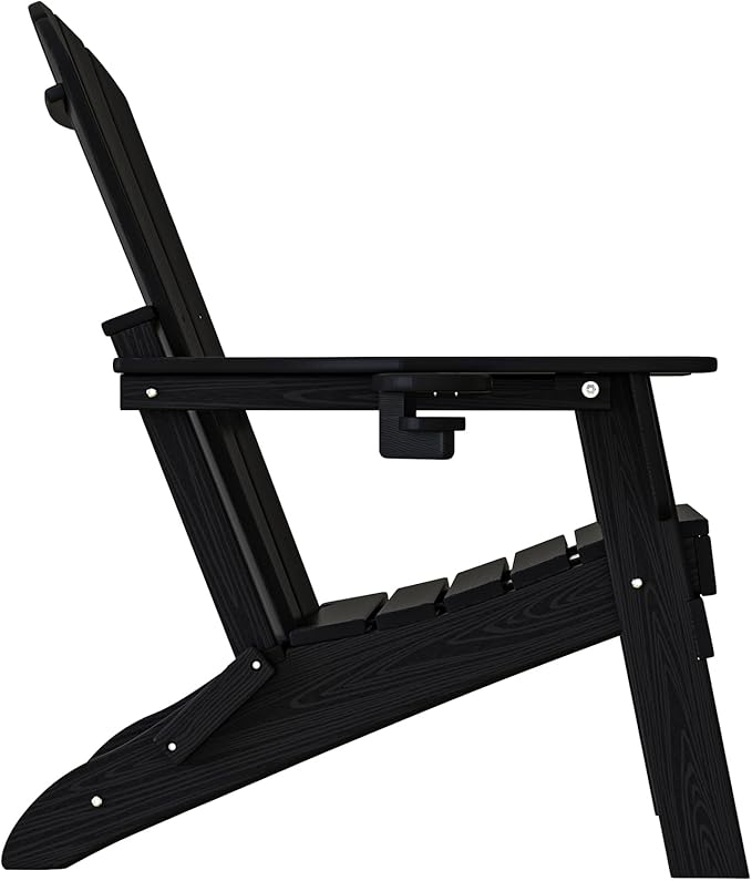 Folding Adirondack Chair, SGS Tested, Wooden Textured with Cup Holder, Heavy All-Weather HDPE Comfortable Set Poolside Backyard Lawn Black