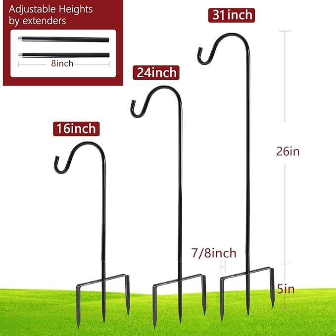 2 Pack Shepherd Hook 31 inch 1/2 inch Thick Use at Weddings, Hanging Solar Lights, Lanterns, Bird Feeders, Metal Hanger Hook (Black, 31 inch). U.S. Patent.