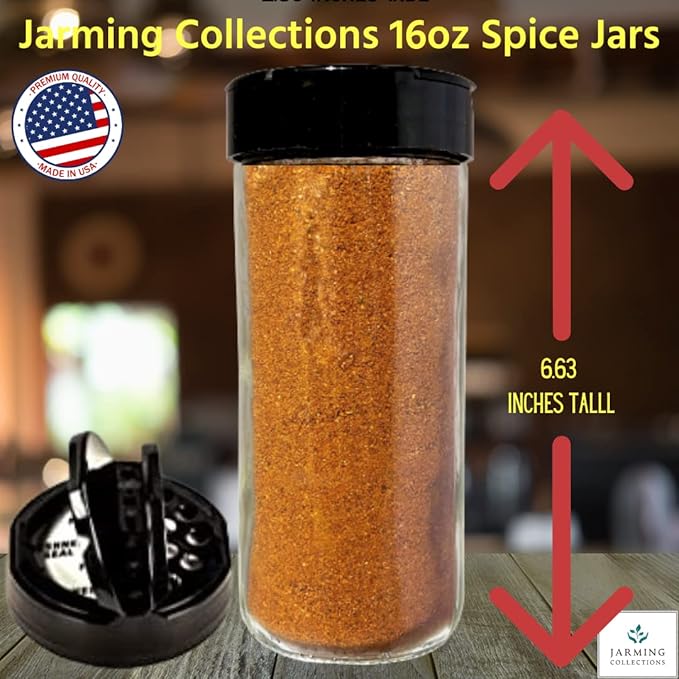 JARMING COLLECTIONS 16oz Glass Spice Shakers with Lids – Set of 2 Large Seasoning Containers with Shaker Tops for Kitchen, Pantry & Herb Storage