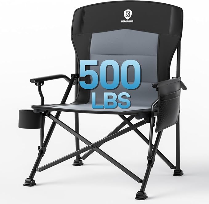 EVER ADVANCED Oversized Folding Camping Chair for Adults, Heavy Duty Lawn Chair with Side Pockets, Portable Collapsible Quad Chair for Outside, Support Up to 500lbs