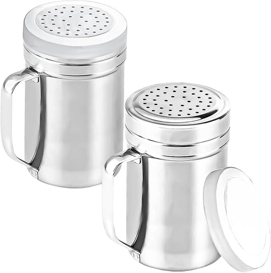 2Pcs Metal Salt Pepper Dredge Shakers, Stainless Steel Pepper Shaker Seasoning Jar With Handle, With Hole And Cover, Suitable For Pepper, Cinnamon And Coffee Spice Jars (Large-14OZ)