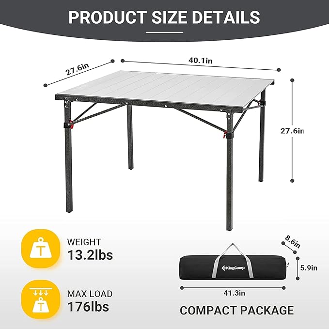 KingCamp Camping Table Aluminum Folding Table Portable Lightweight Roll Up Foldable Camp Table for Indoor & Outdoor Camping Picnic Barbecue Backyard Party, 4-5Person