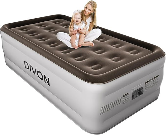 DIVON Twin Air Mattress with Built in Pump Raised, 2 Min Self Inflatable Mattress, 18’’ Blow up Mattress for Adults, 330 LBS Portable Air Bed for Guest, Camping, Travel & Floor, Brown