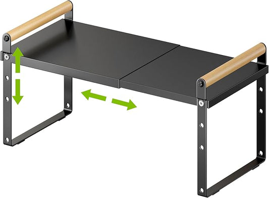 DOLALIKE Expandable kitchen Countertop Organizer, Stackable Cabinet Shelf Organizers, Space Saving Spice Rack Pantry Storage for Bathroom Office Organization (6.9''D*13-19.7''W*7.9''H, Black)