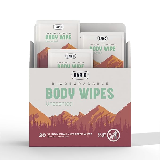 Bar-D Cleansing Face & Body Wipes for Women and Men - Individually Wrapped Biodegradable Shower Wipes, 12x12 Inch, Pack of 20 (20 Count/Box), Unscented