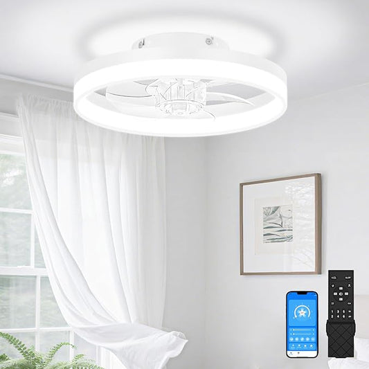 VOLISUN 13 inch Small Ceiling Fans with Lights and Remote, Low Profile Ceiling Fans with Light, 3000K-6500K Dimmable LED Ceiling Light Flush Mount, Bladeless Fandelier Ceiling Fan (White)
