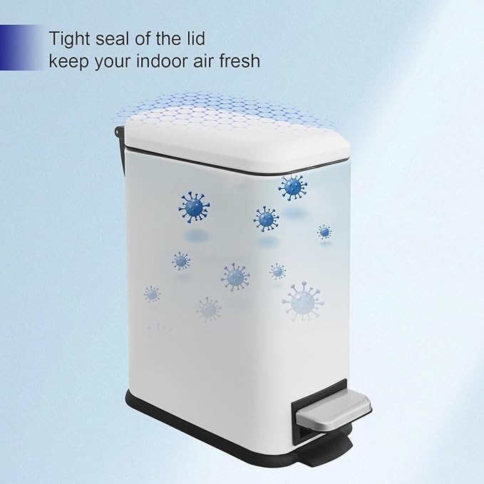 Bathroom Trash Can with Lid，5 Liter / 1.3 Gallon Small Trash Can with Removable Liner Bucket, Soft Close lid & Step Pedal, Stainless Steel Trash Bin for Bathroom,Bedroom,Home Office, White