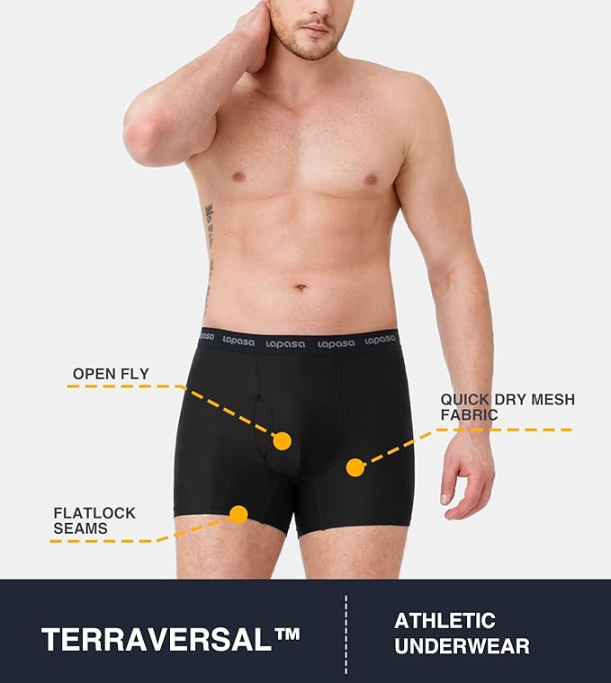 LAPASA Men's Quick Dry Travel Underwear, Terraversal Series Mesh Breathable Trunks/Boxer Briefs/Boxers (2 & 3 Packs)