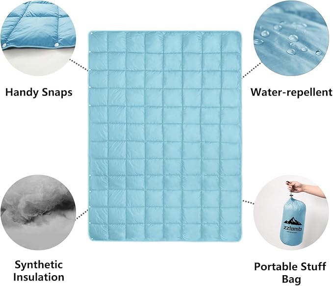 zzlamb Camping Blanket, Compact Lightweight Soft Puffy Blanket Water-Repellent, Packable Warm Quilt Down Alternative Picnic Hiking Backpacking Beach Travel RV Airplane Couch Car