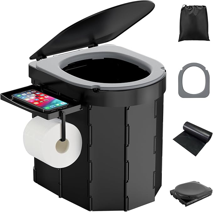 Portable Camping Toilet with PU Cushion, Folding Toilet for Adults with Phone Shelf and Toilet Paper Holder, Camping Porta Potty with Lid for Camping, Hiking, RV Travel, Road Trips
