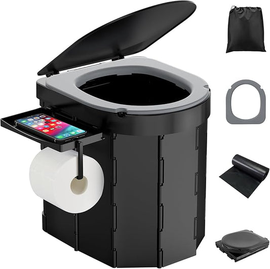 Portable Camping Toilet with PU Cushion, Folding Toilet for Adults with Phone Shelf and Toilet Paper Holder, Camping Porta Potty with Lid for Camping, Hiking, RV Travel, Road Trips