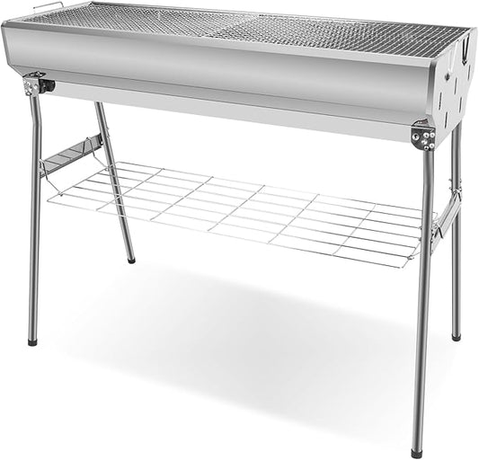 Portable Charcoal Grill, Foldable Stainless Steel Grill with Storage Shelf and non-slip feet - ideal for outdoor Kabob cooking, picnics and camping (lager)