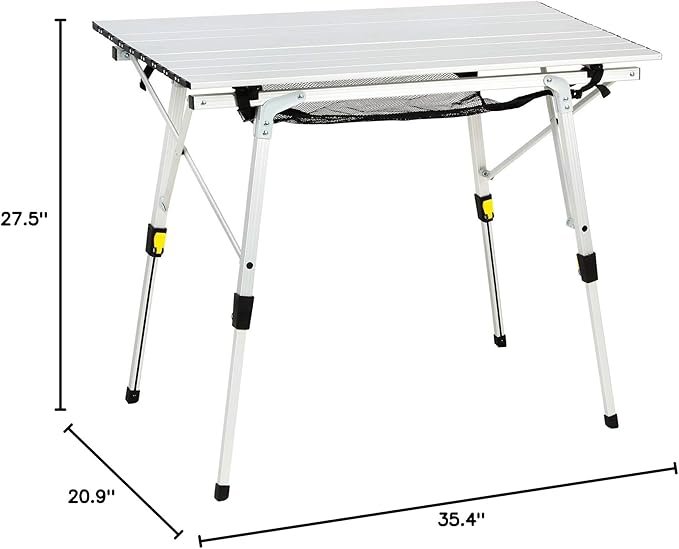 PORTAL Outdoor Folding Portable Picnic Camping Table with Adjustable Height Aluminum Roll Up Table Top Mesh Layer, Silver