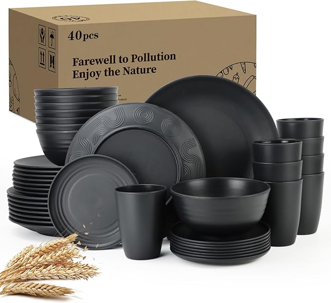 Wheat Straw Dinnerware Set of 40 Pieces - 10" & 9" Plates, 6" Snack Plates, 26oz & 12oz Bowls & Cups - Unbreakable, Microwave & Dishwasher Safe - Black