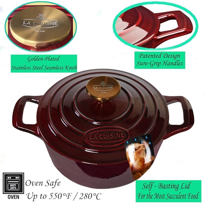 La Cuisine Enameled Cast Iron Dutch Oven Casserole Dish Pot with Lid, 5 QT 10.3“ /26cm Dia. Internal Matte Black Enamel Coating Gold-Plated SS Lid Handle Oven Safe up to 500° F, Cranberry