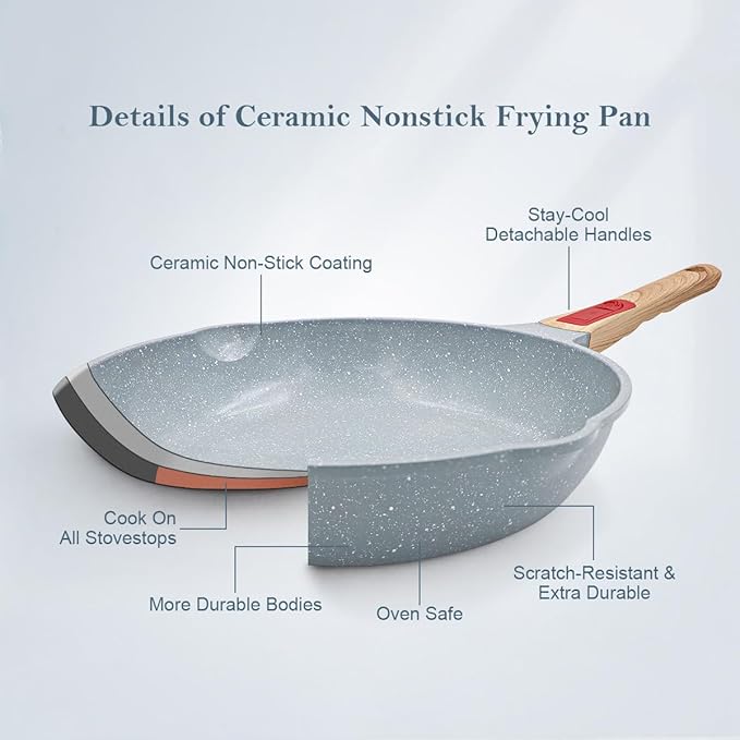 Nonstick Ceramic Deep Frying Pan, 11 Inch Healthy Frying Pan Skillet with Removable Handle, Oven Safe, PFAS PFOA & PTFE Free (Blue)